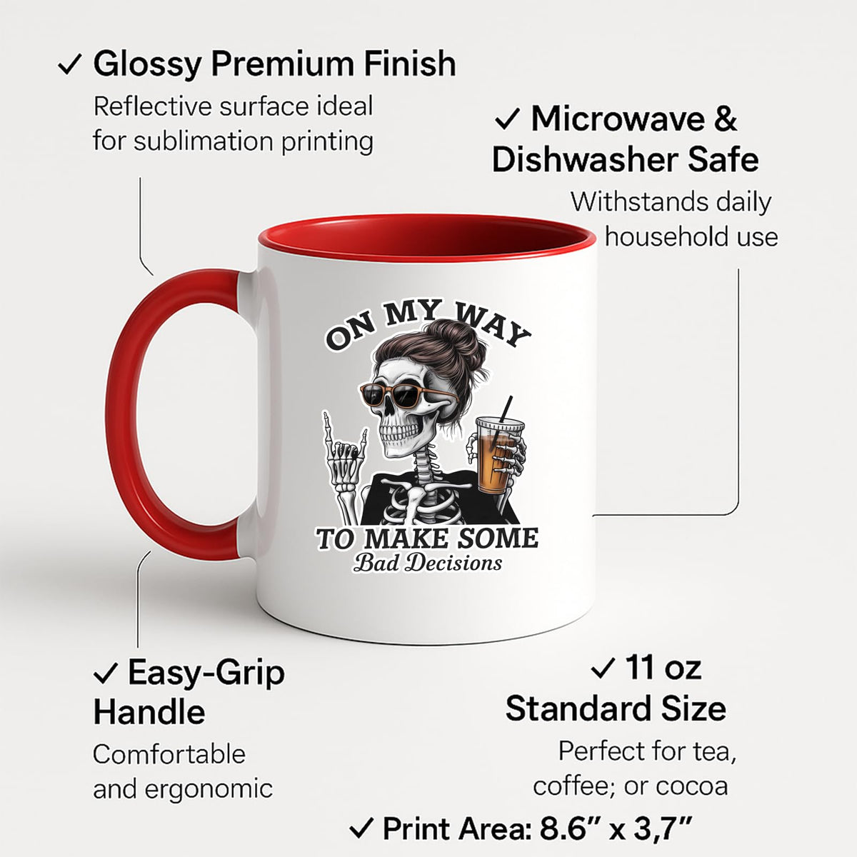 Colour handle mug with labels for 11oz size, glossy finish and easy-grip handle