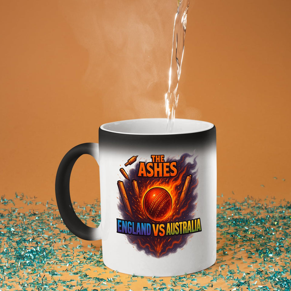 Excudo Trade LTD The Ashes Cricket England Vs Australia Rivalry Cup Magic Heat Reveal Cricket Mug Fiery Appears with Hot Drink Fun Gift Lovers Sports