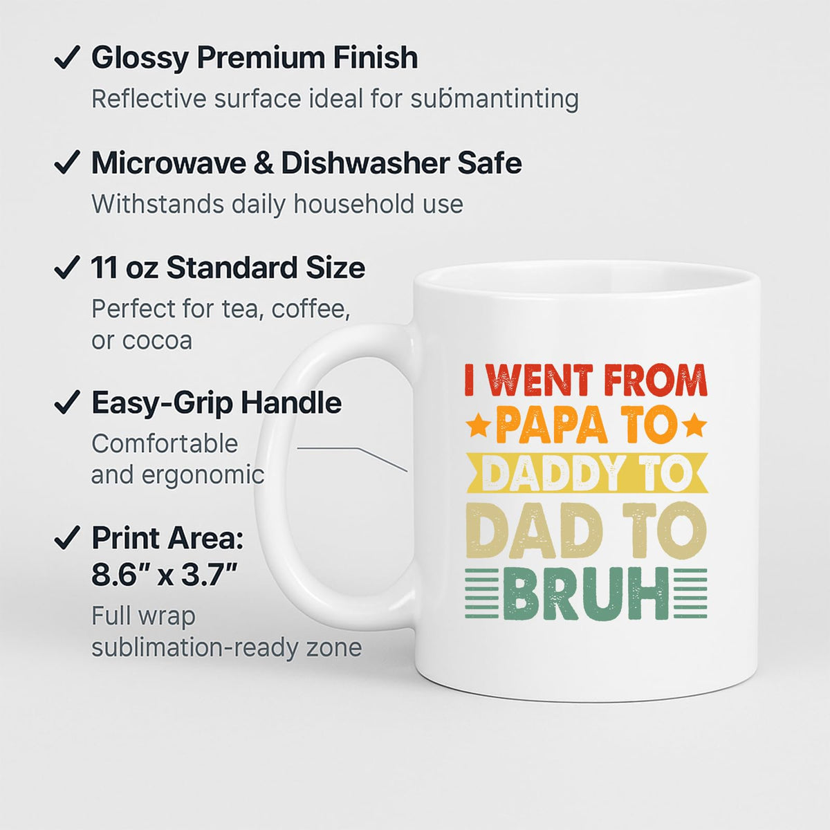 White mug with labels for 11oz size, glossy finish, easy-grip handle and print area
