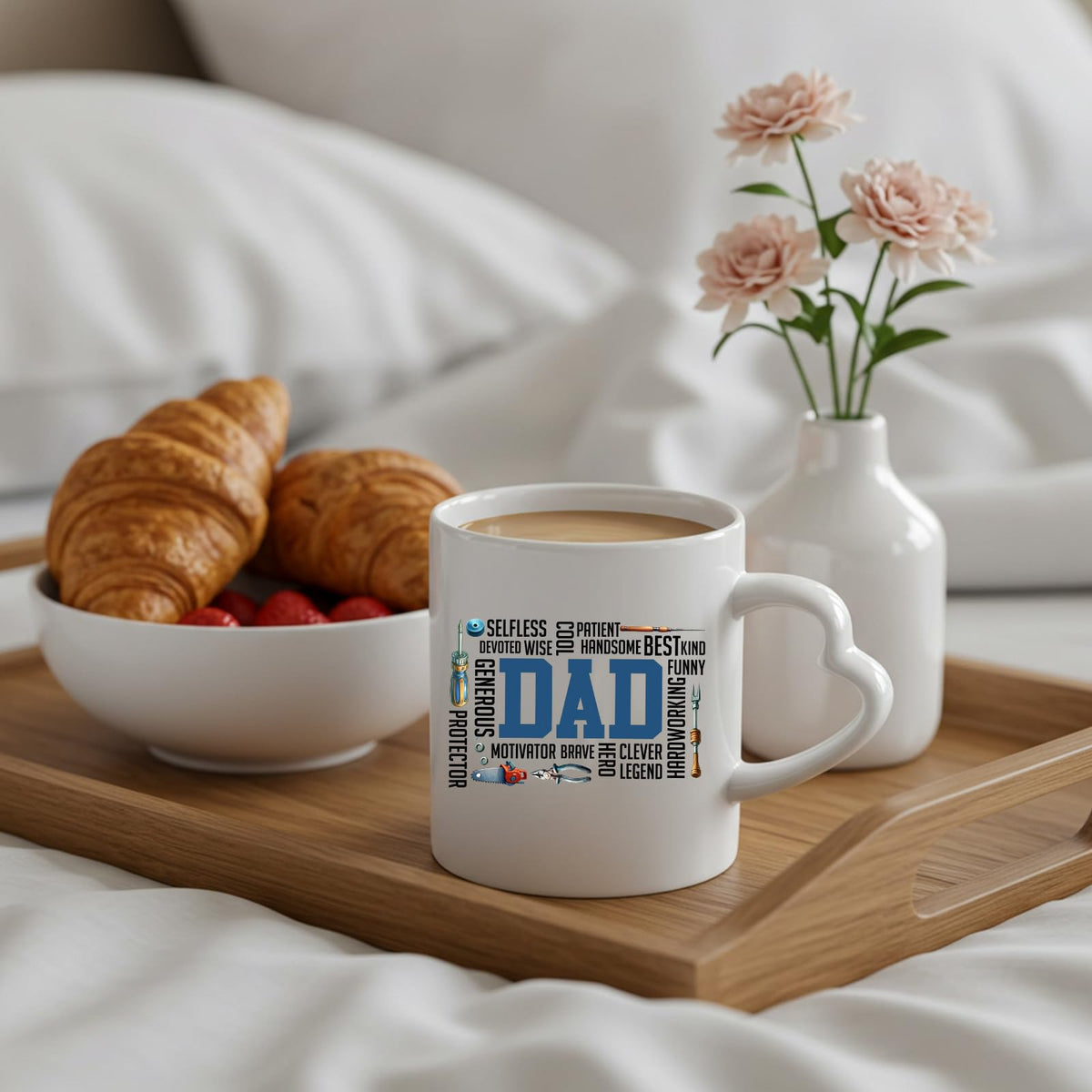 DAD word cloud heart-handle mug on a breakfast tray with croissants and flowers
