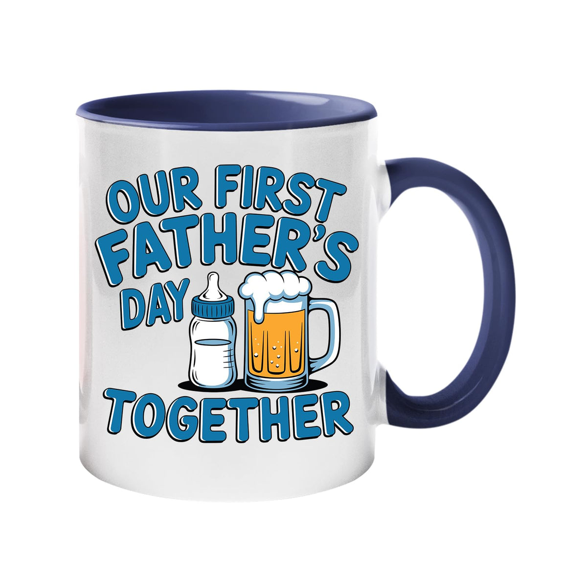 Colour handle mug with a baby bottle and a pint of beer with “Our first Father’s Day together” in blue – dark blue handle and inside