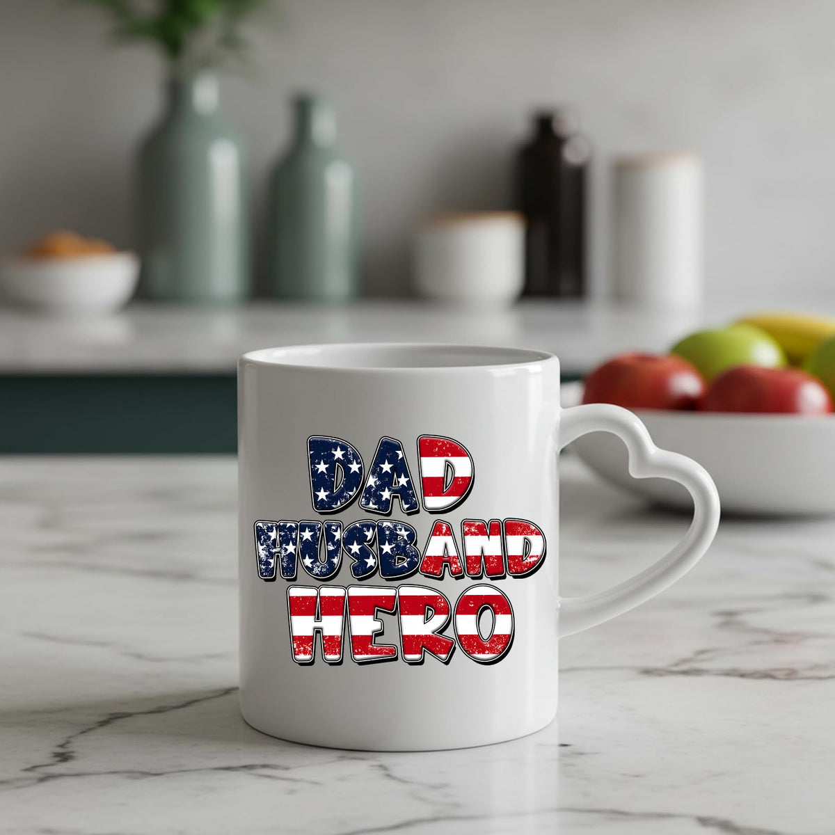 Dad Husband Hero heart-handle mug on a marble counter with fruit