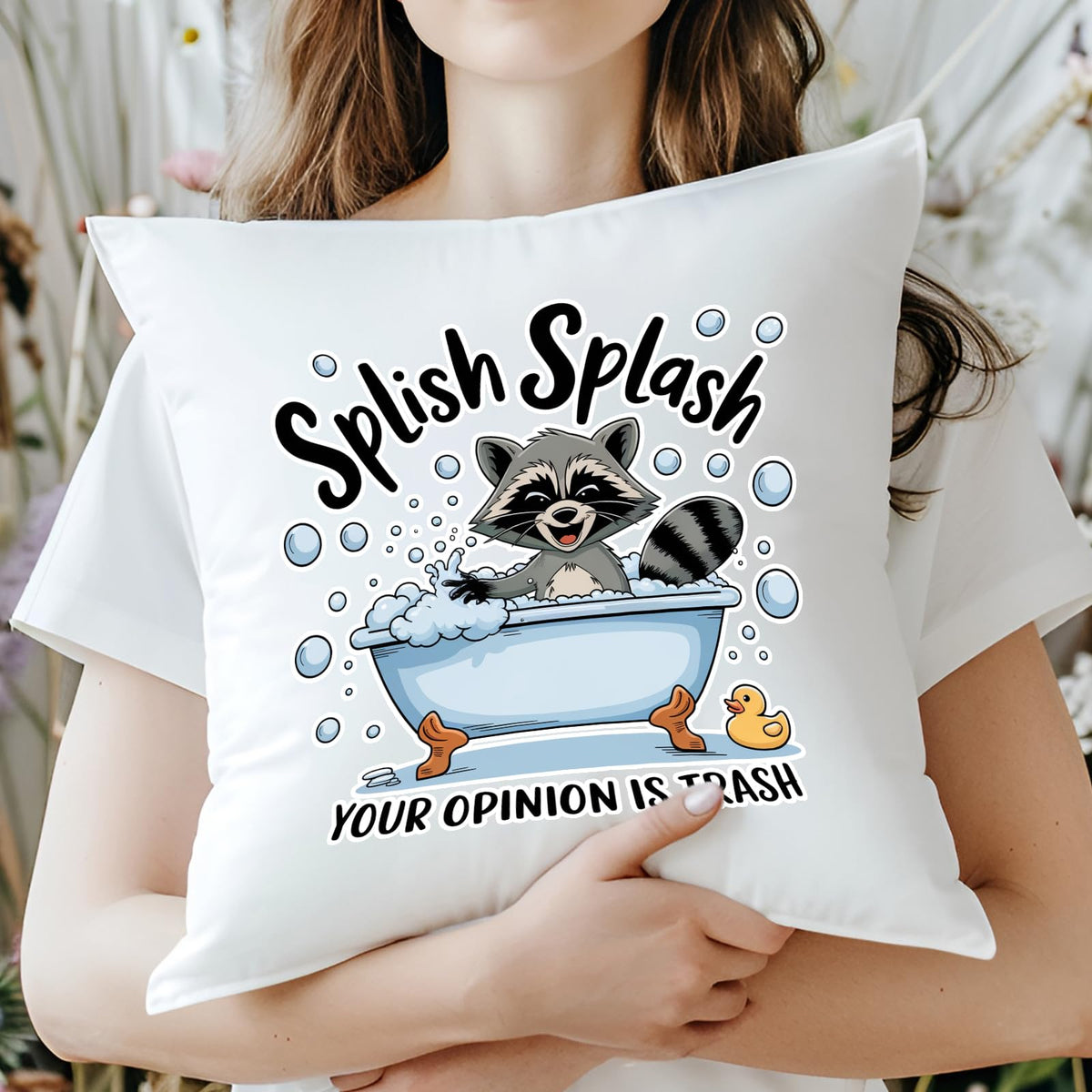 Woman hugging the Splish Splash raccoon cushion