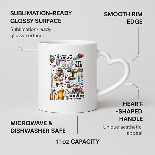 Heart-handle mug with labels for 11oz capacity, glossy surface and heart-shaped handle