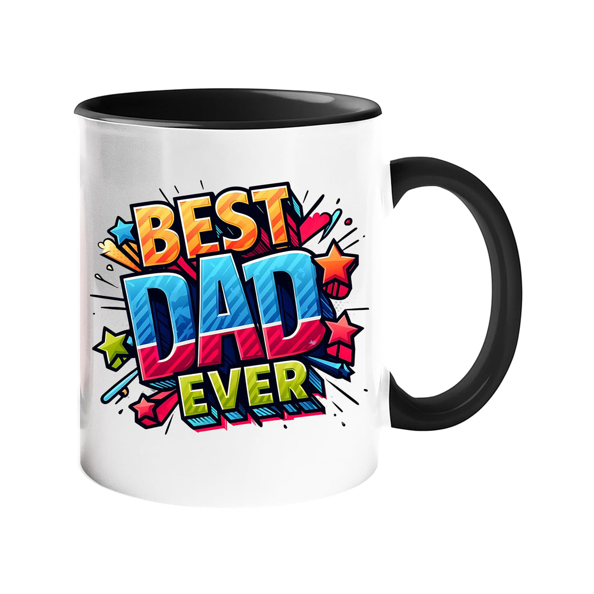 Colour handle mug with “Best Dad Ever” in bold comic-book lettering with stars – black handle and inside