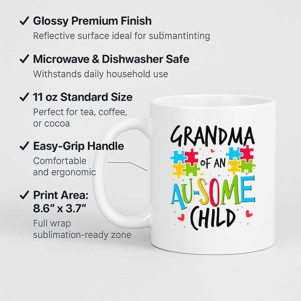 White mug with labels for 11oz size, glossy finish, easy-grip handle and print area