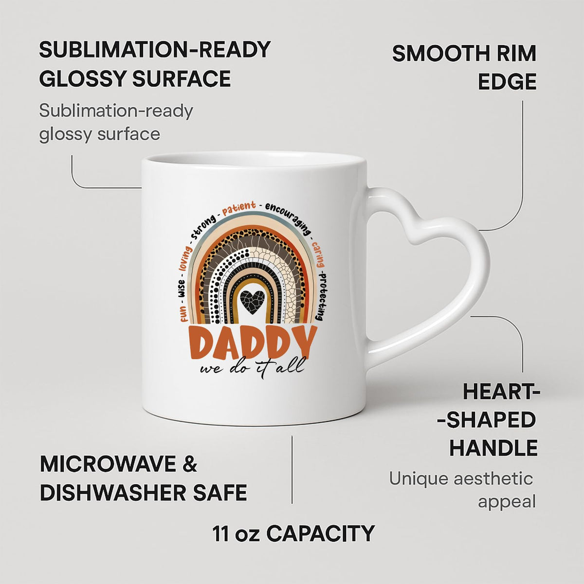 Heart-handle mug with labels for 11oz capacity, glossy surface and heart-shaped handle