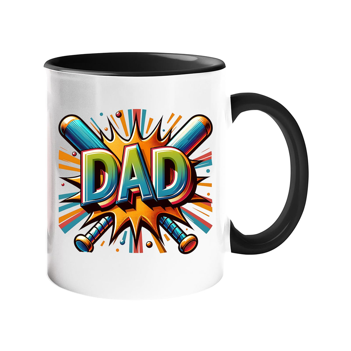 Colour handle mug with a comic-style “DAD” in front of crossed baseball bats – black handle and inside