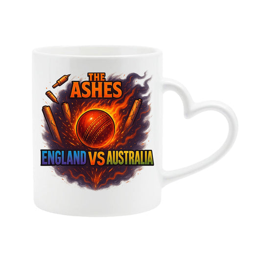 White heart-handle mug with the Ashes cricket design