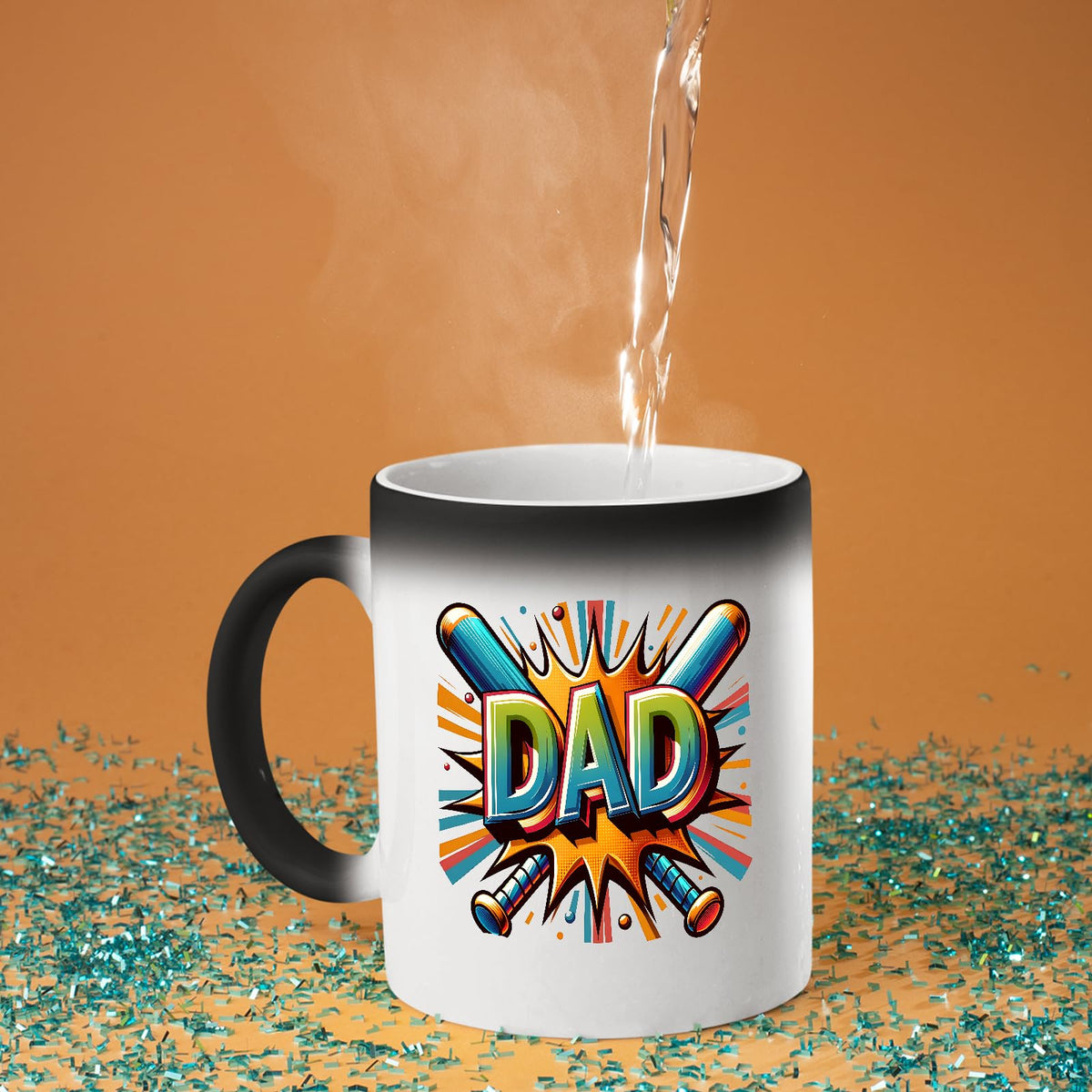 Hot water poured into the DAD baseball bats colour changing mug as the design appears
