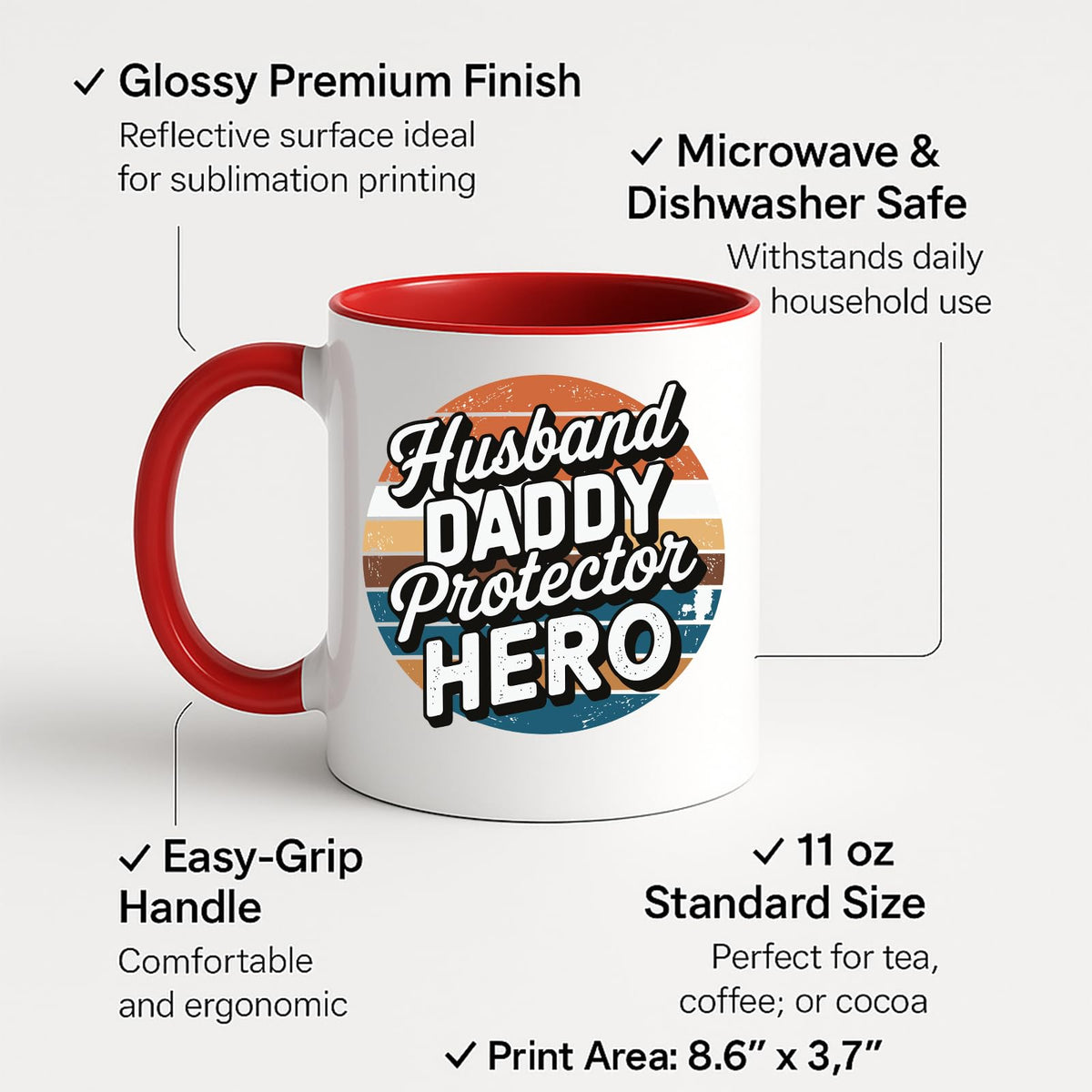Colour handle mug with labels for 11oz size, glossy finish and easy-grip handle