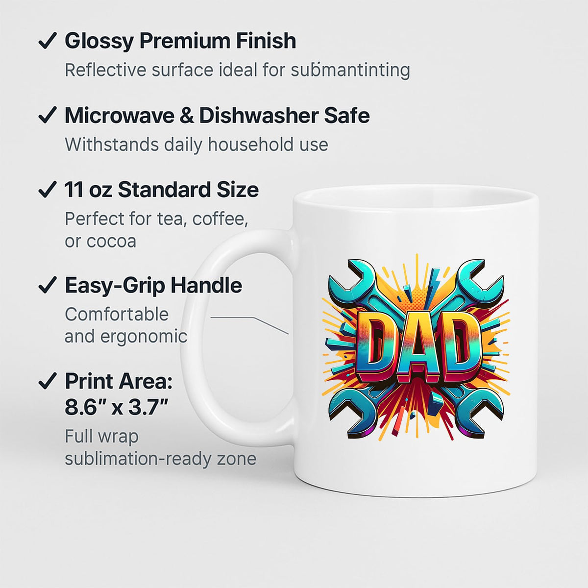 White mug with labels for 11oz size, glossy finish, easy-grip handle and print area