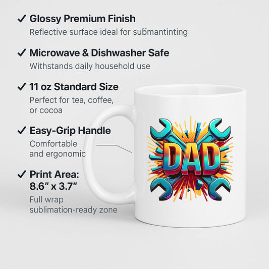 White mug with labels for 11oz size, glossy finish, easy-grip handle and print area