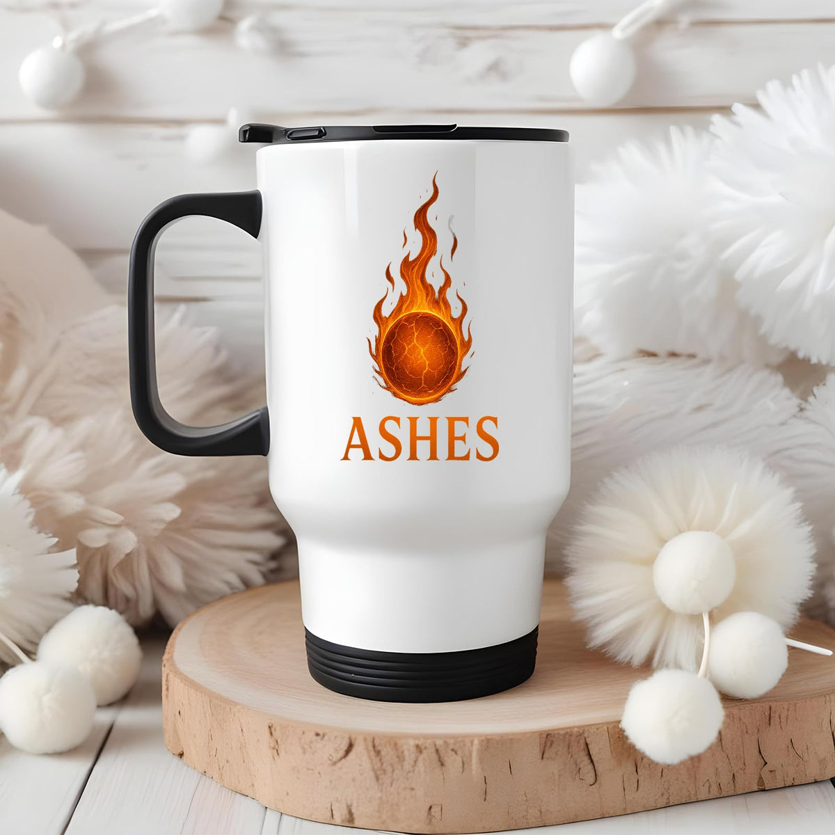 Ashes travel mug on a wooden board