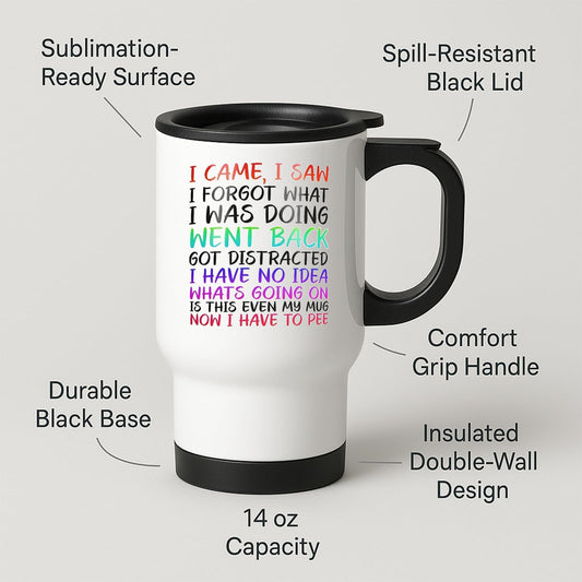 Travel mug with labels for spill-resistant lid, insulated double wall and 14oz capacity