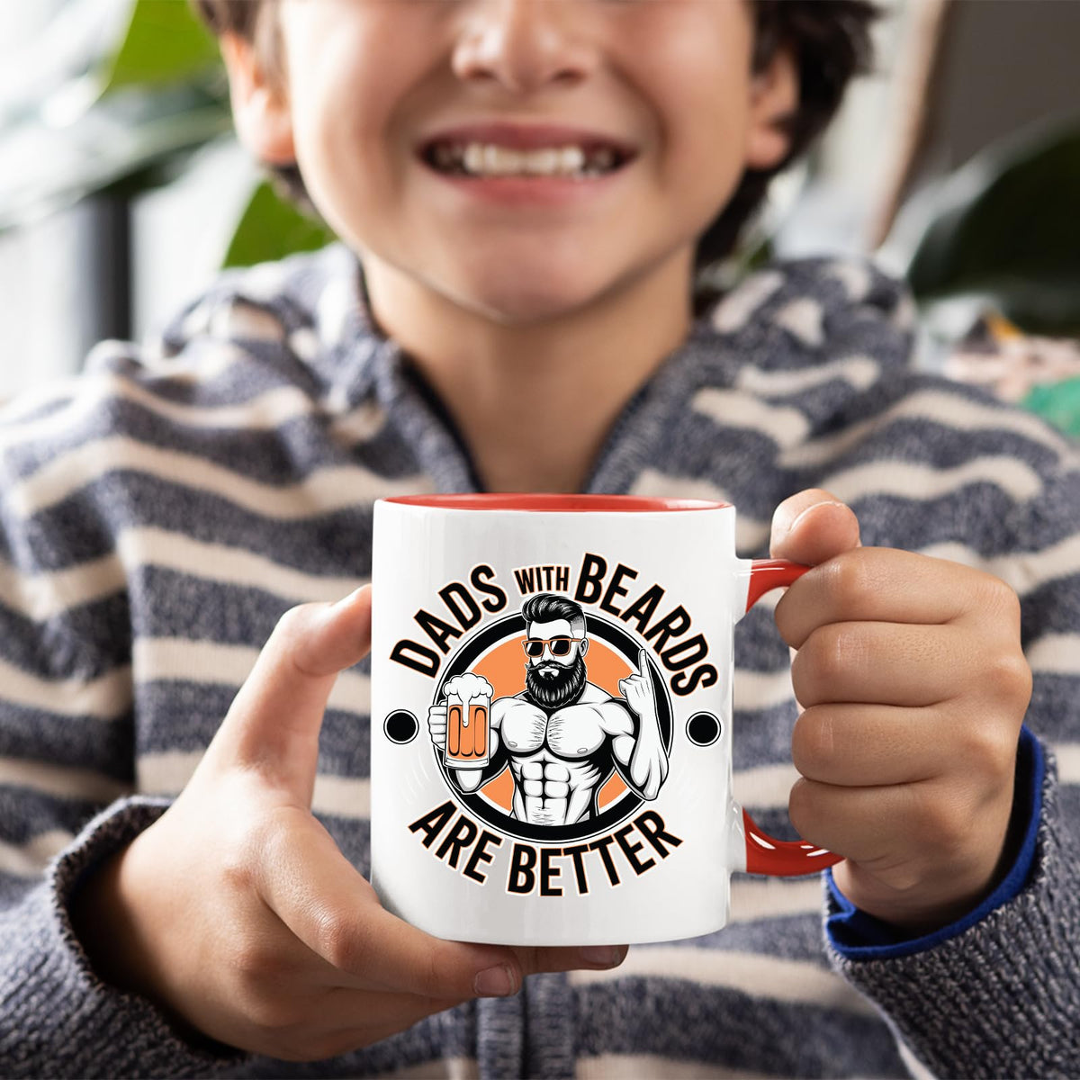 Smiling child holding the Dads with Beards mug with a red handle