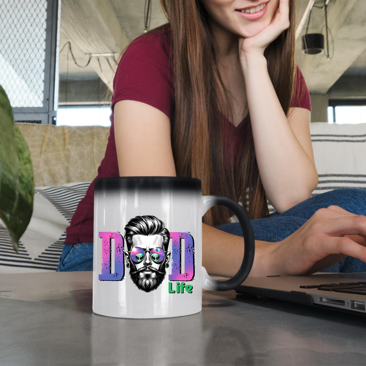 Woman at a laptop with the Dad Life bearded dad colour changing mug