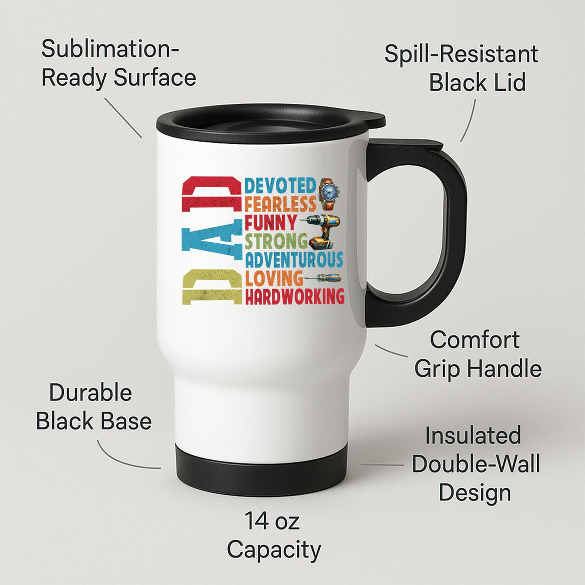 Travel mug with labels for spill-resistant lid, insulated double wall and 14oz capacity