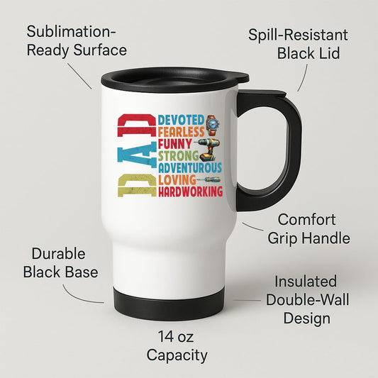 Travel mug with labels for spill-resistant lid, insulated double wall and 14oz capacity