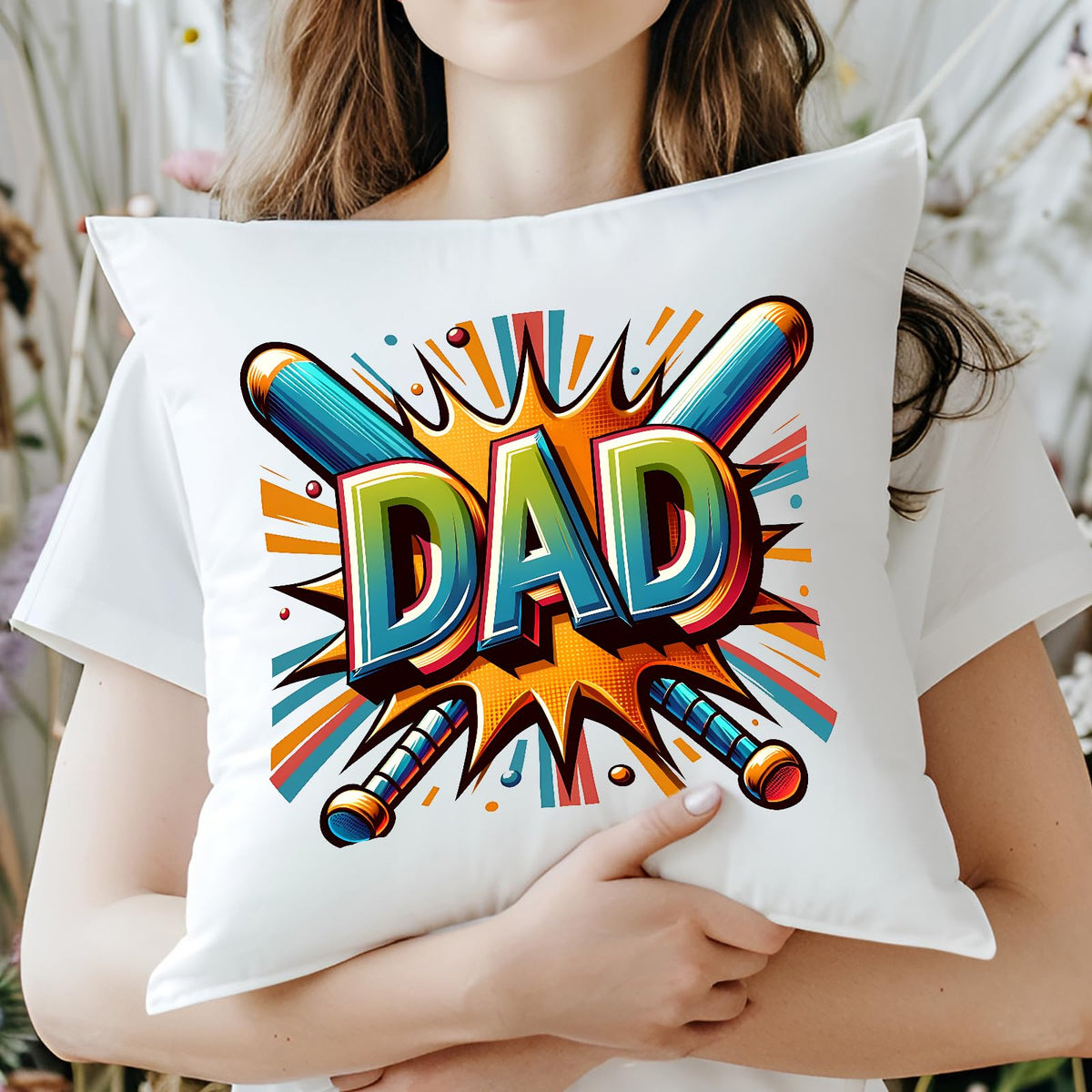 Woman hugging the DAD baseball bats cushion
