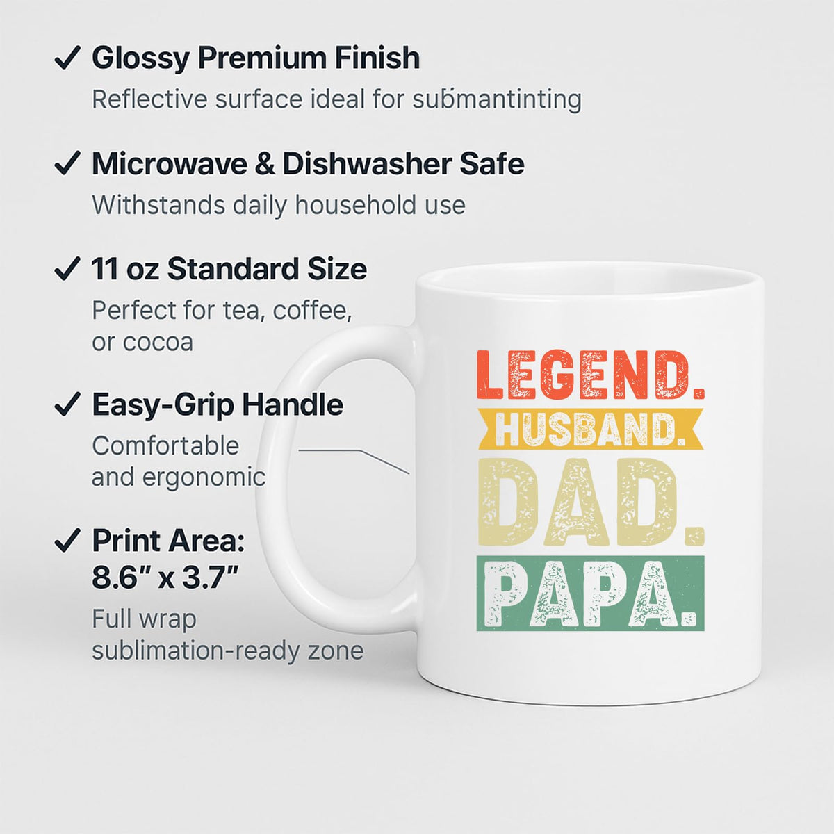 White mug with labels for 11oz size, glossy finish, easy-grip handle and print area