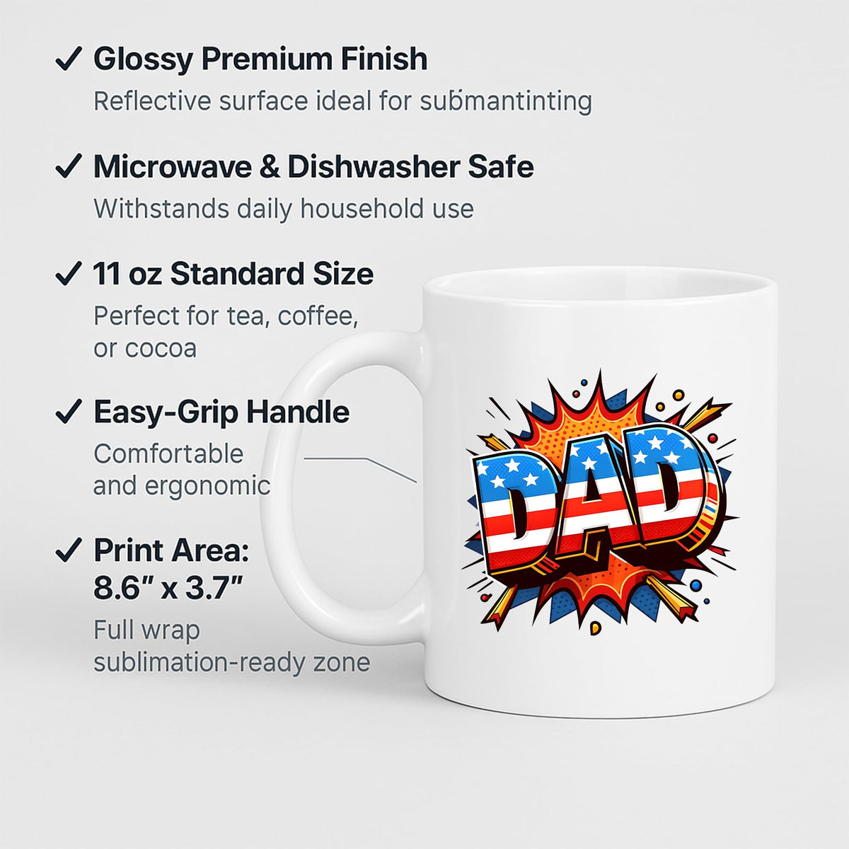 White mug with labels for 11oz size, glossy finish, easy-grip handle and print area