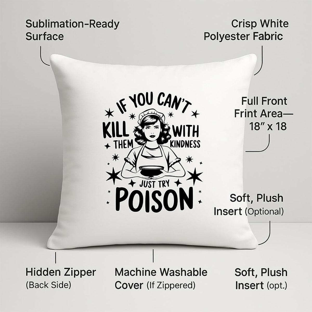 Just Try Poison cushion with labels for 18 x 18 inch print area, hidden zip and washable cover