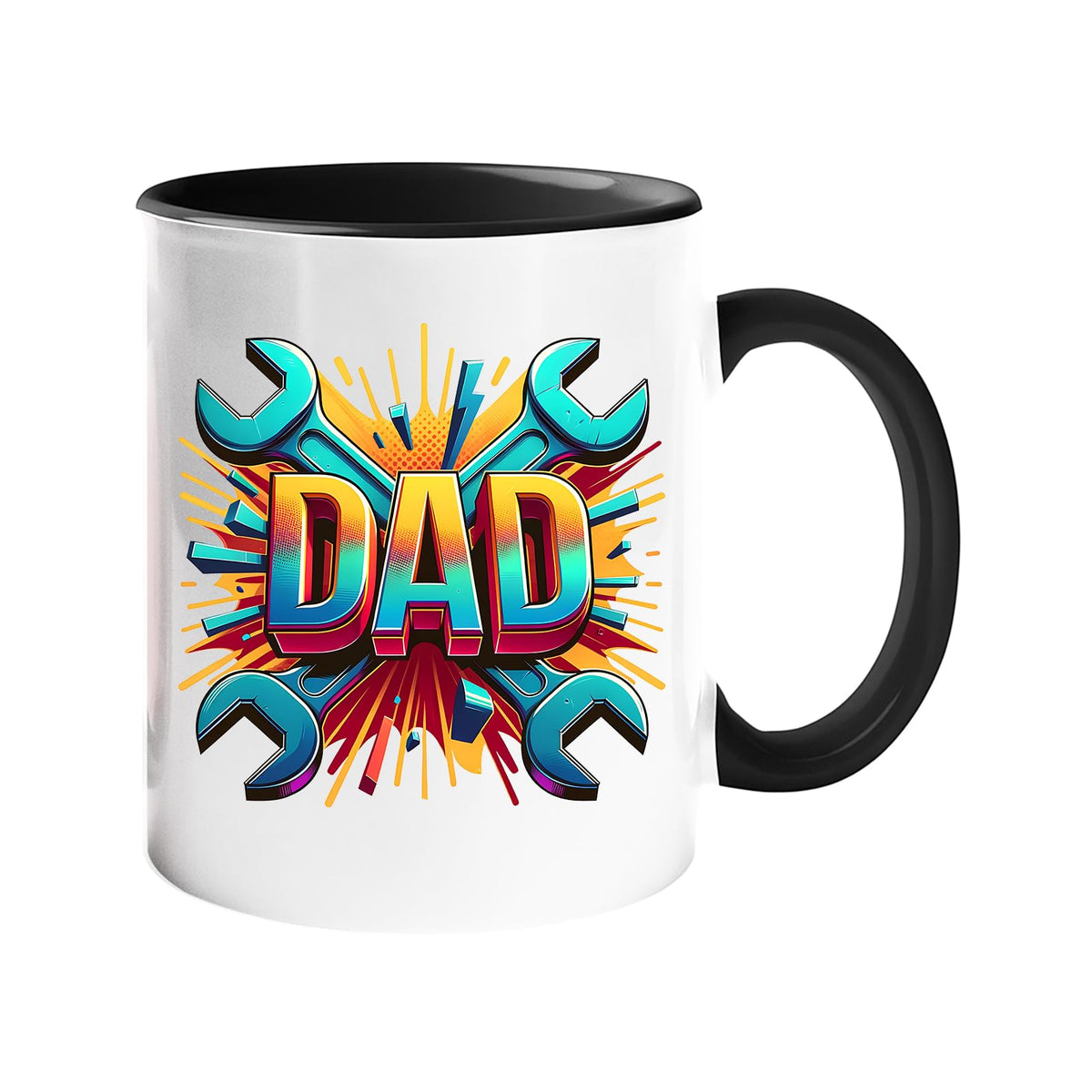 Colour handle mug with a comic-style “DAD” on a burst of crossed spanners – black handle and inside