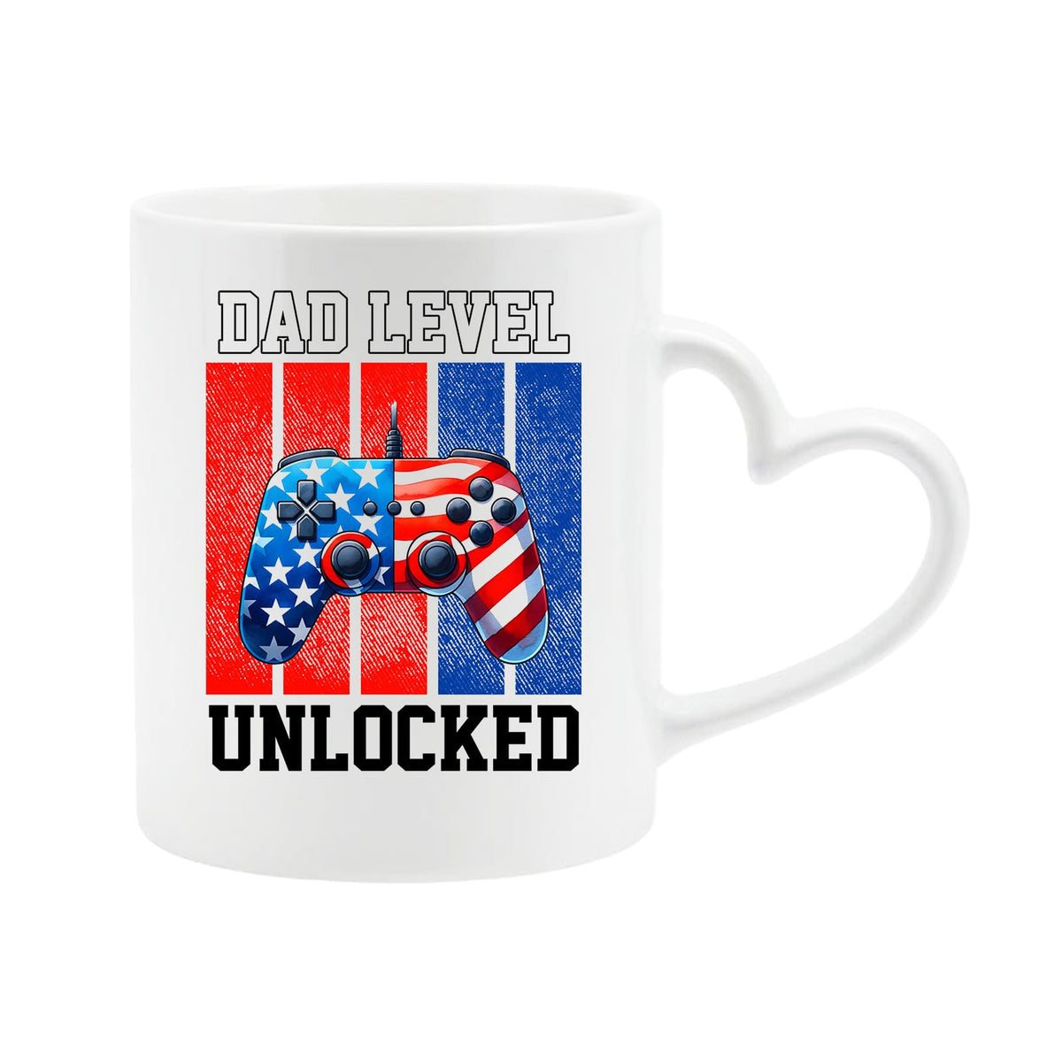 White heart-handle mug with a stars-and-stripes game controller and “Dad level unlocked”