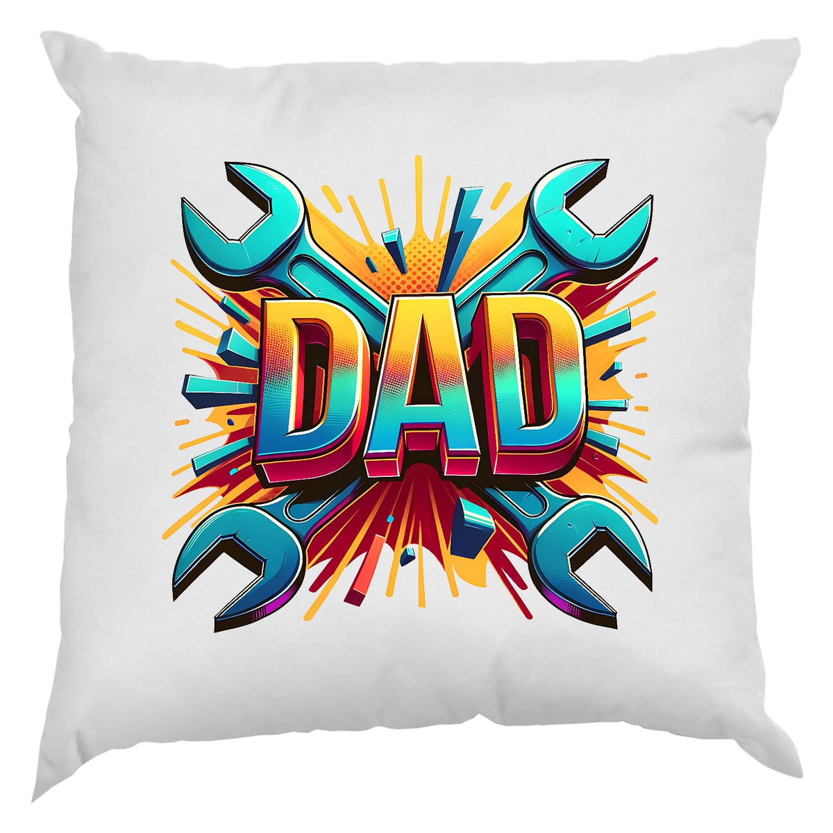 White cushion with a comic-style “DAD” and crossed spanners