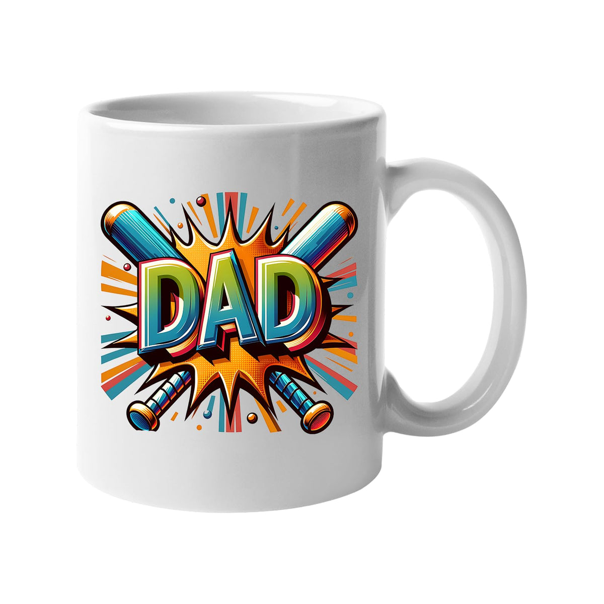 White mug with a comic-style “DAD” in front of crossed baseball bats