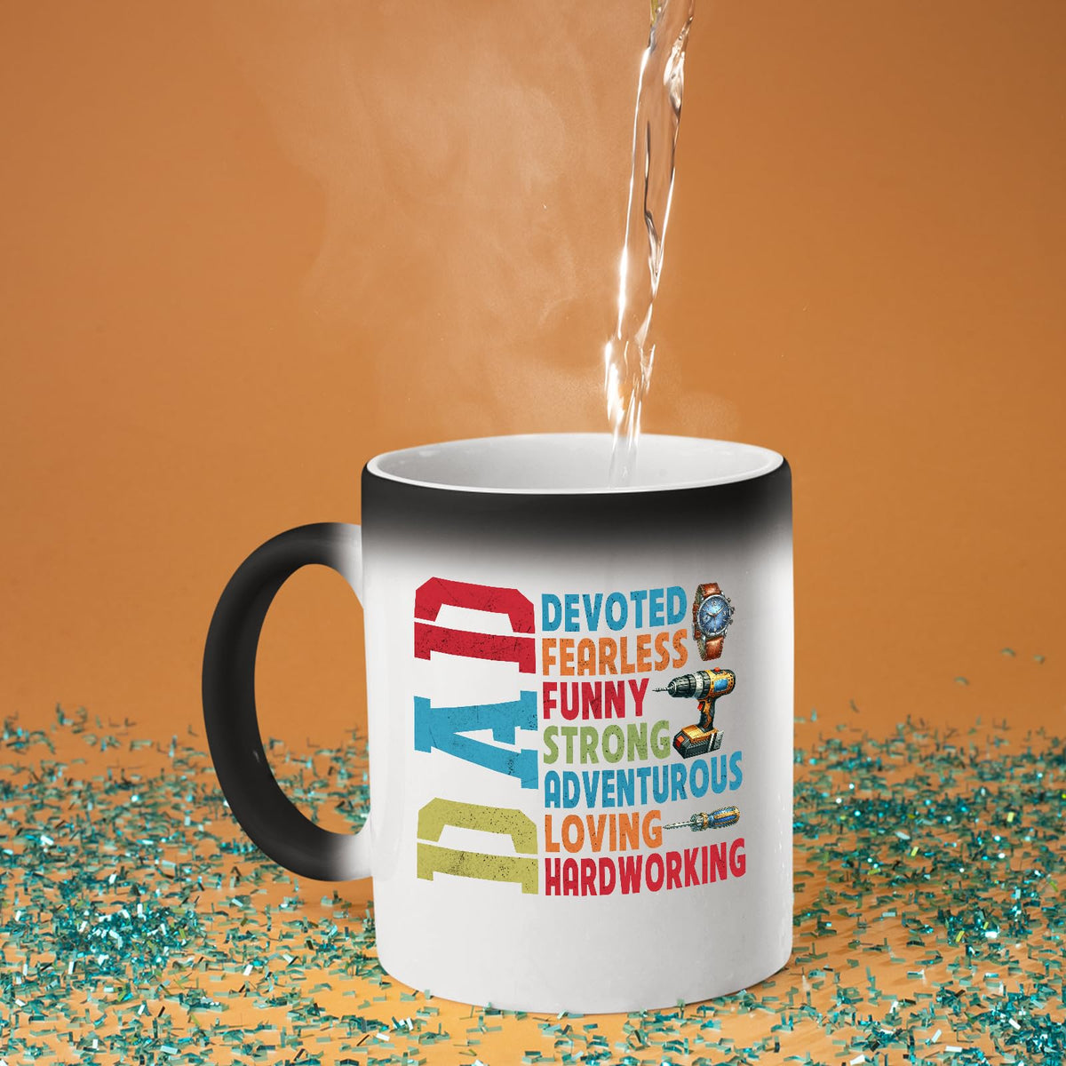 Hot water poured into the DAD Devoted colour changing mug as the design appears