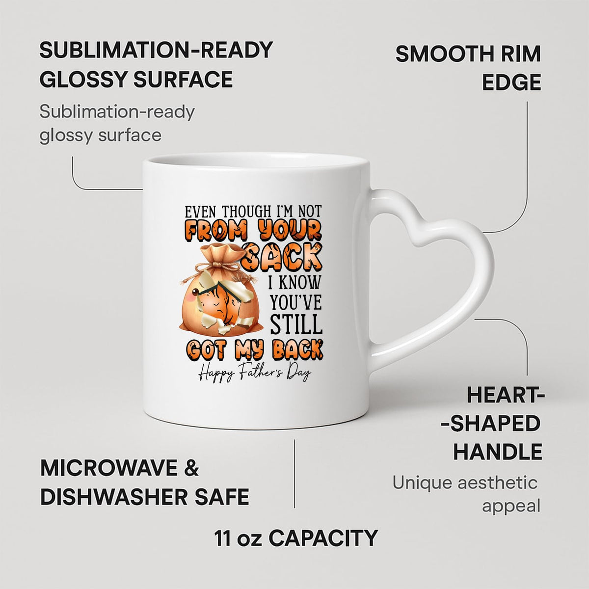 Heart-handle mug with labels for 11oz capacity, glossy surface and heart-shaped handle