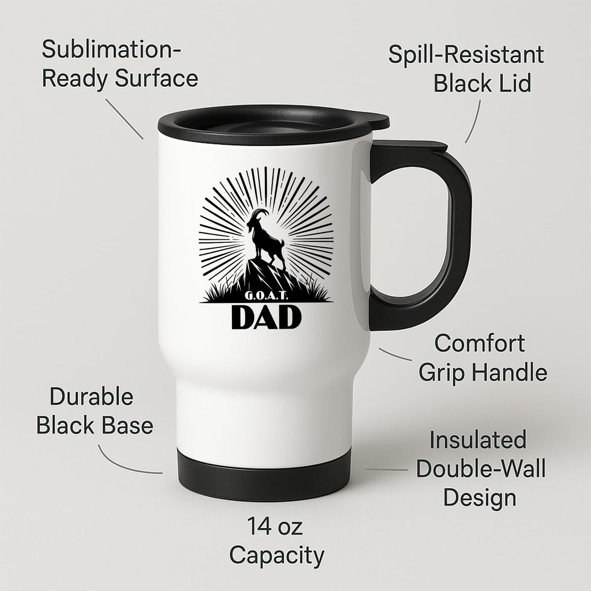 Travel mug with labels for spill-resistant lid, insulated double wall and 14oz capacity