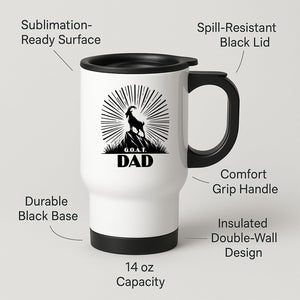 GOAT Dad travel mug on a wooden slice with white pom-poms