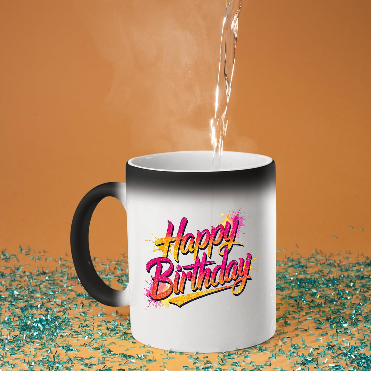 Hot water poured into the Happy Birthday pink and gold colour changing mug as the design appears