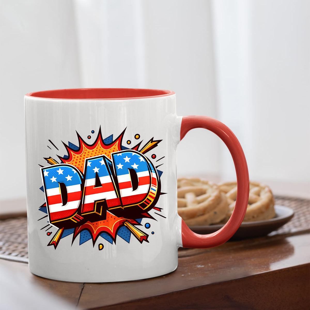 Stars and Stripes DAD mug with a red handle beside biscuits