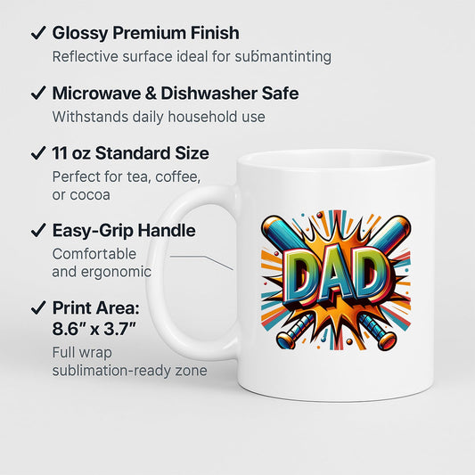 White mug with labels for 11oz size, glossy finish, easy-grip handle and print area