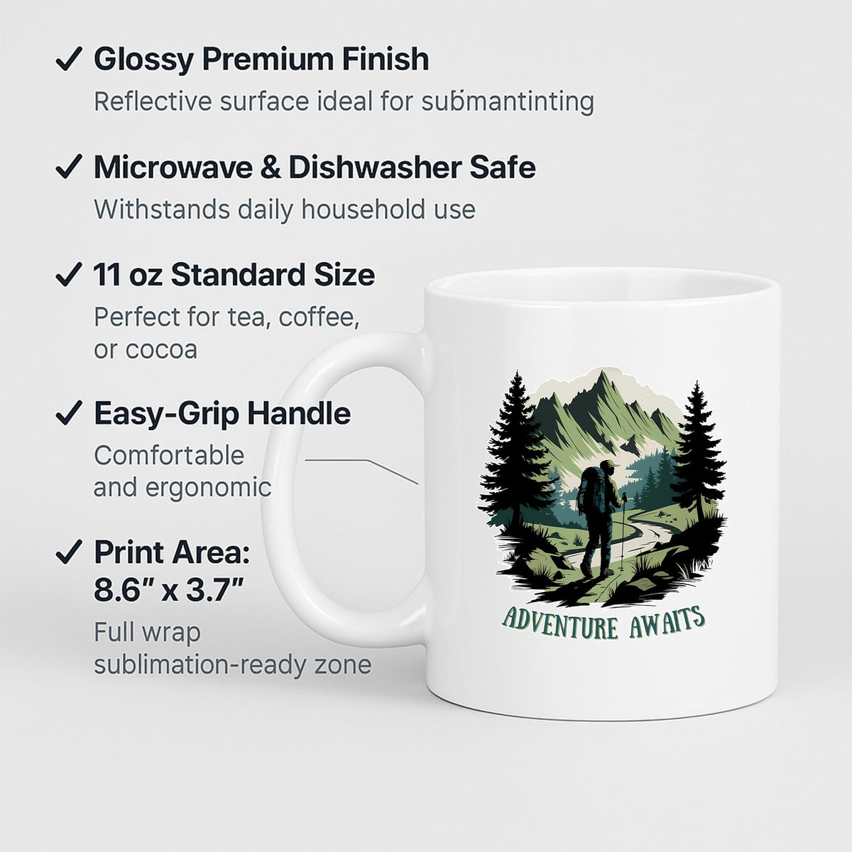 White mug with labels for 11oz size, glossy finish, easy-grip handle and print area