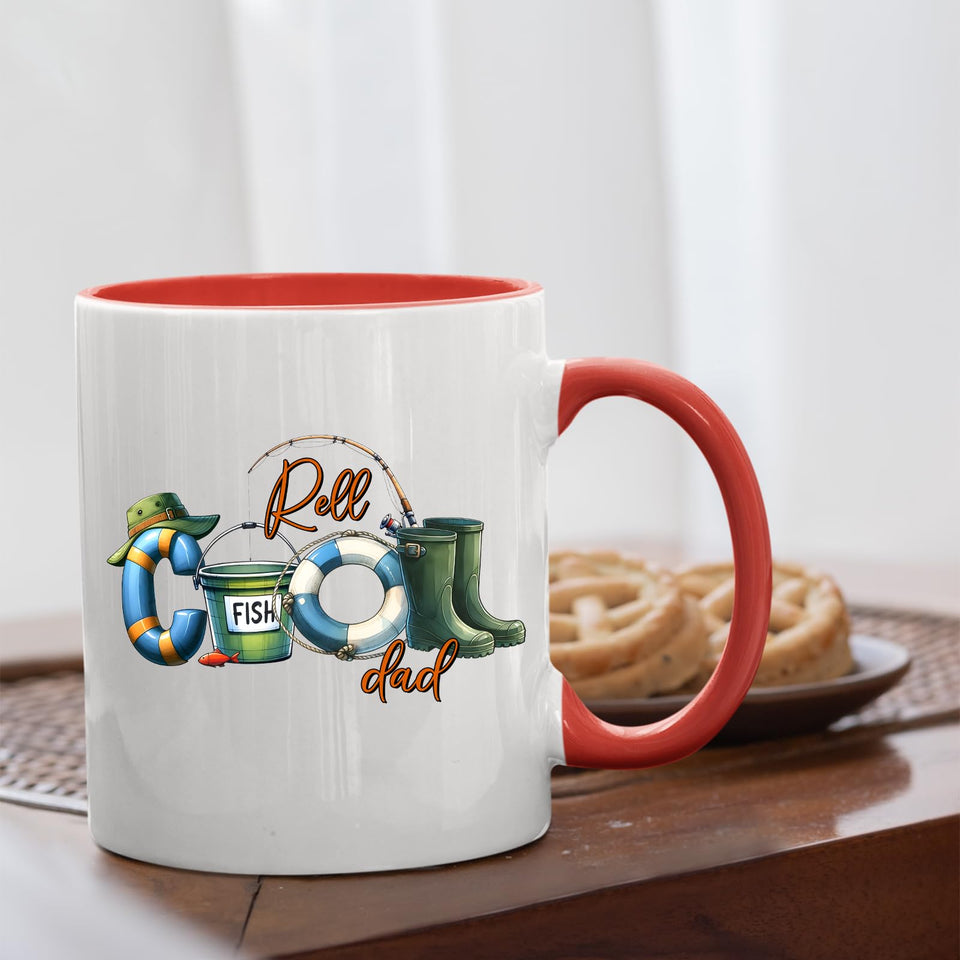 Reel Cool Dad mug with a red handle beside biscuits