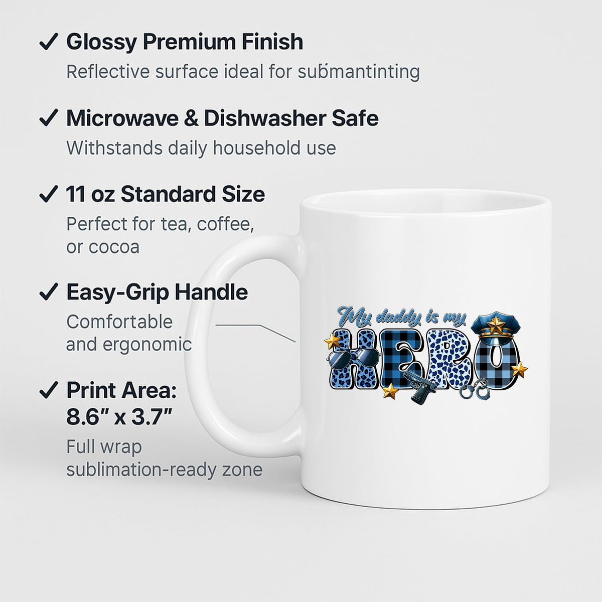 White mug with labels for 11oz size, glossy finish, easy-grip handle and print area