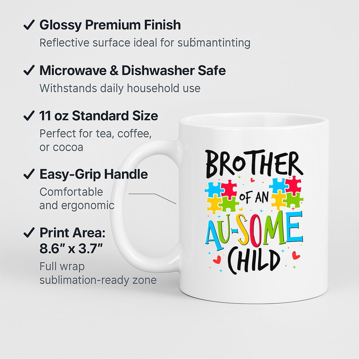 White mug with labels for 11oz size, glossy finish, easy-grip handle and print area