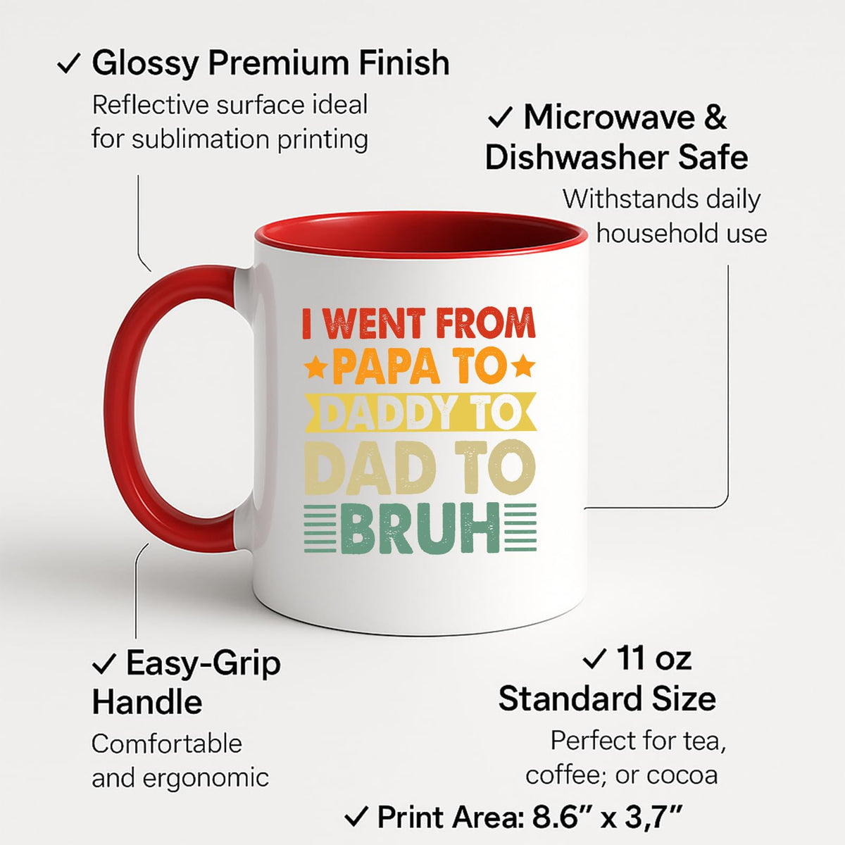 Colour handle mug with labels for 11oz size, glossy finish and easy-grip handle
