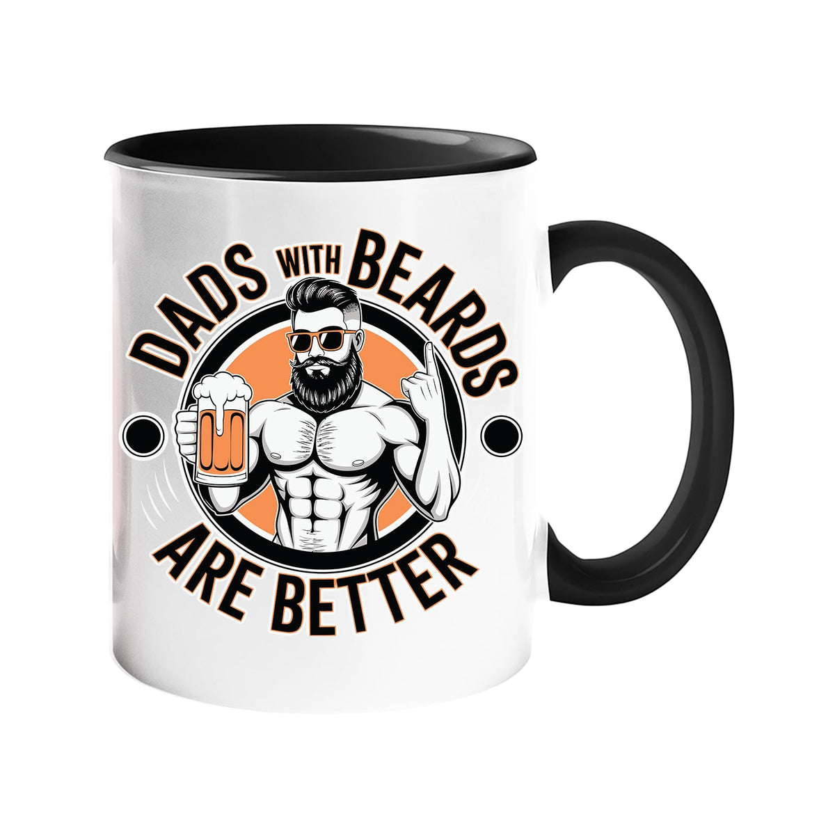 Colour handle mug with a muscly bearded dad with a beer and “Dads with beards are better” – black handle and inside