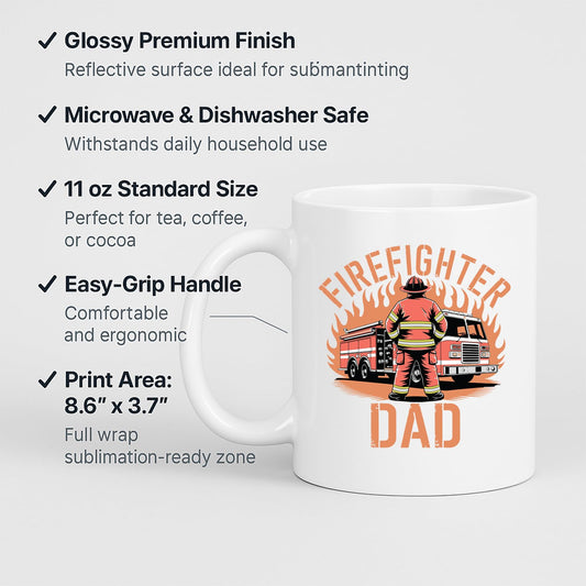 White mug with labels for 11oz size, glossy finish, easy-grip handle and print area