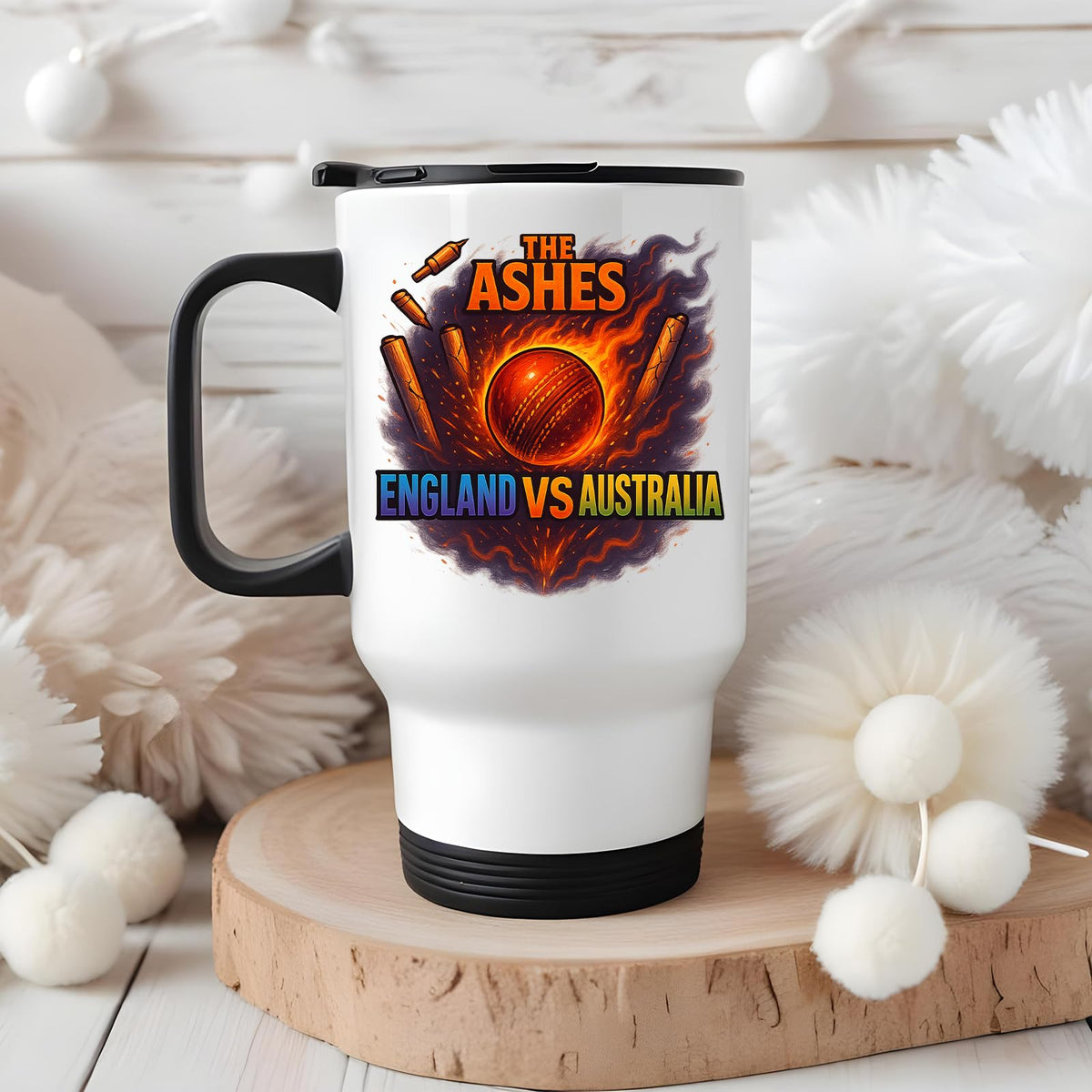 Ashes travel mug on a wooden board