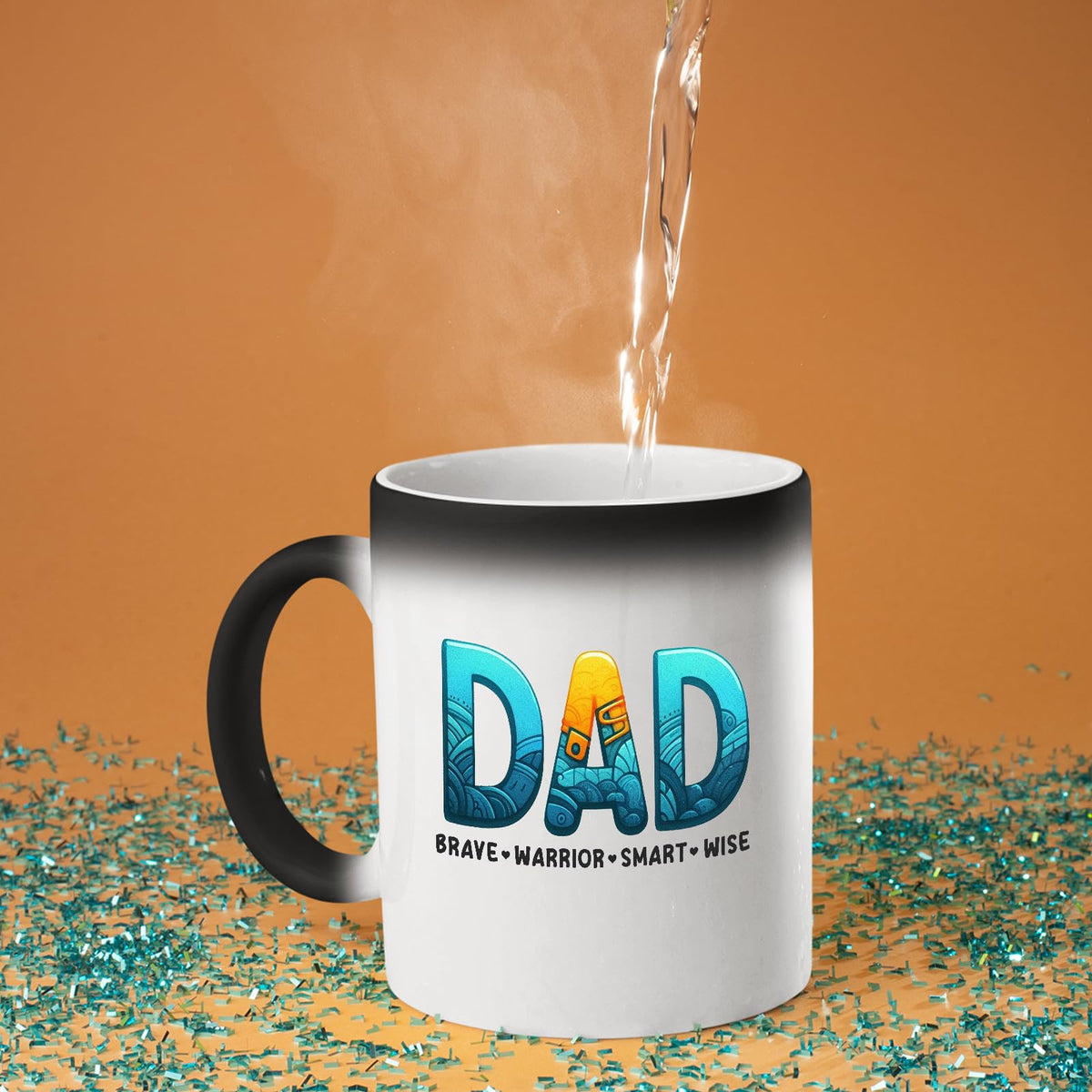 Hot water poured into the DAD Brave Warrior colour changing mug as the design appears