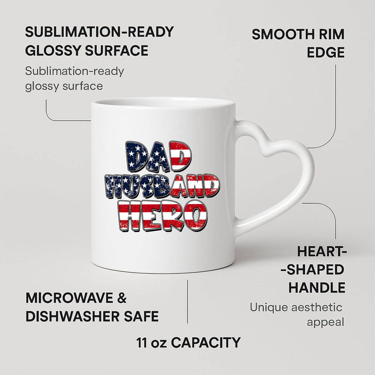 Heart-handle mug with labels for 11oz capacity, glossy surface and heart-shaped handle