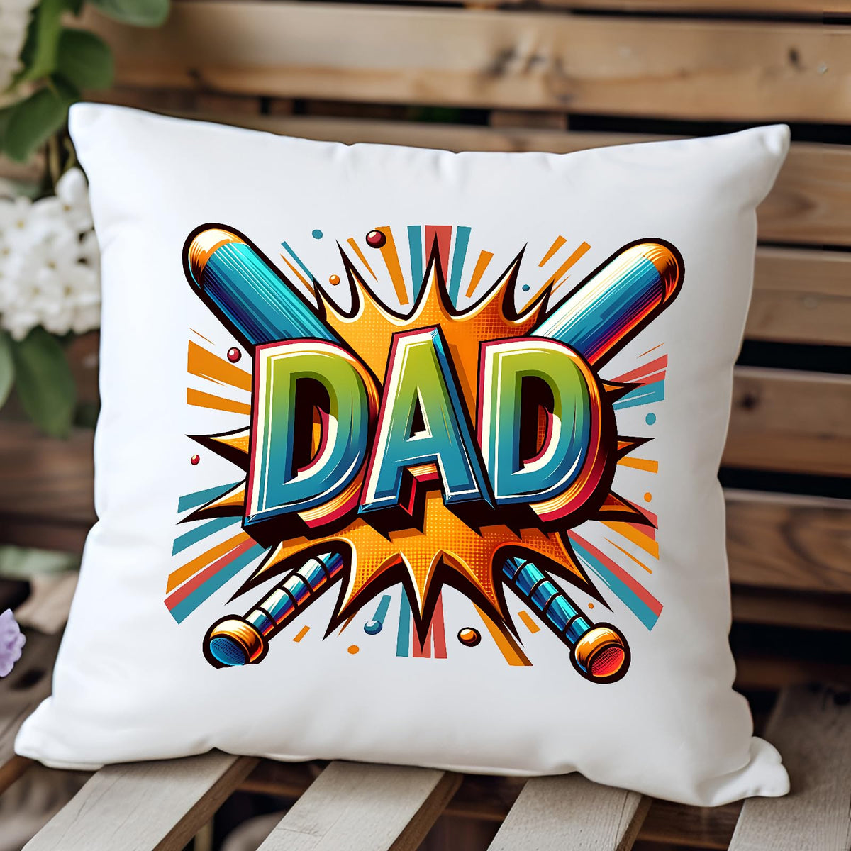 DAD baseball bats cushion on a wooden bench