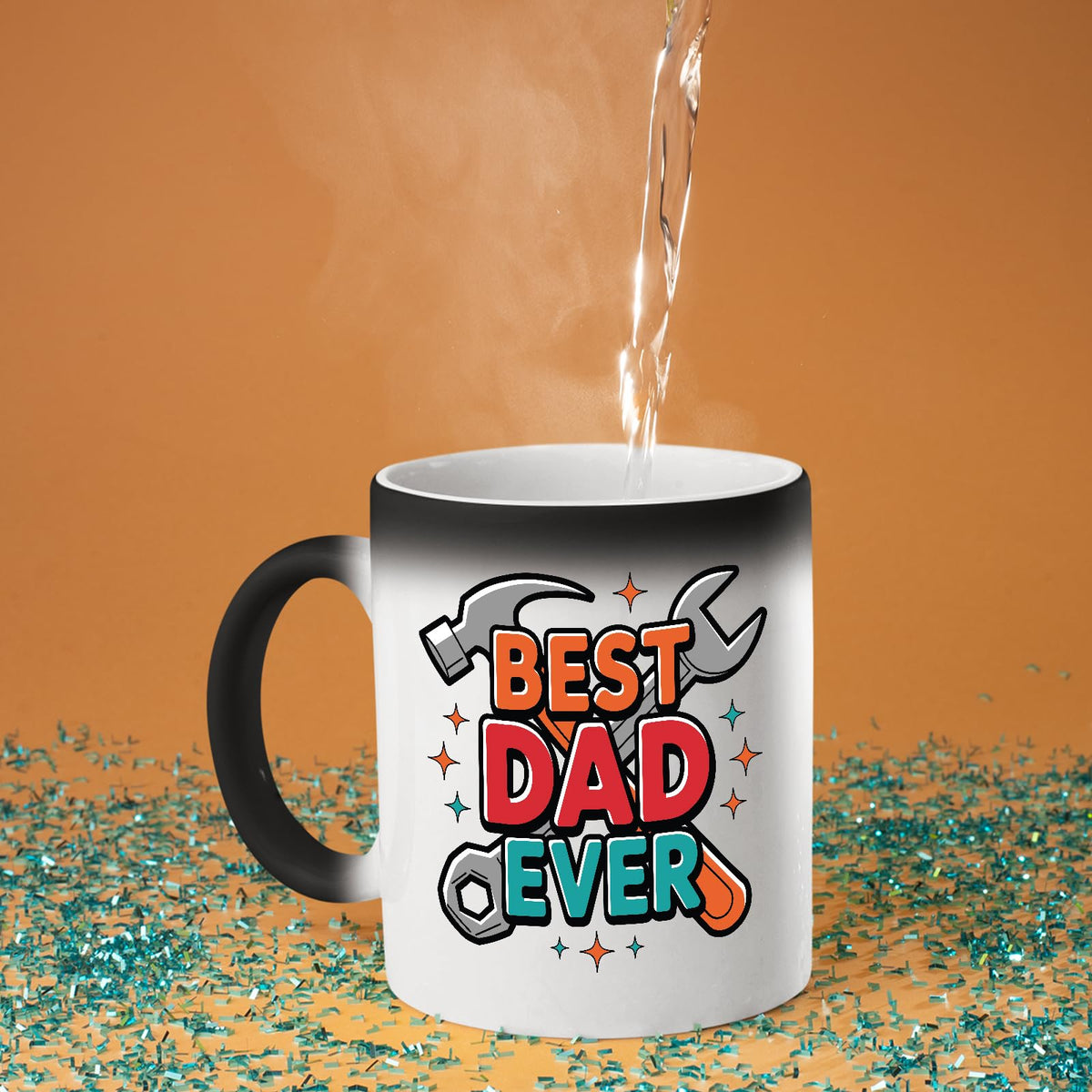 Hot water poured into the Best Dad Ever tools colour changing mug as the design appears